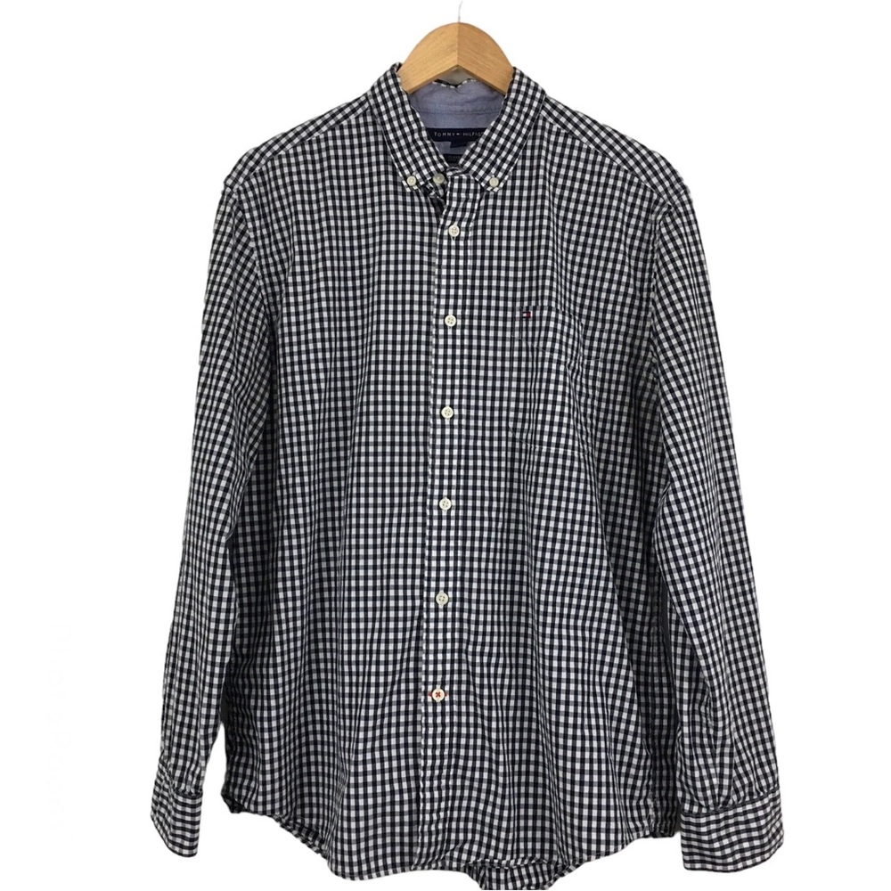 Tommy Hilfiger Navy Blue White Checked Button Down Casual Long Sleeve Shirt L